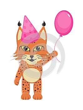 Baby bobcats in a pink cap with a pink bouncy ball in the foot. Greeting card for birthday girls
