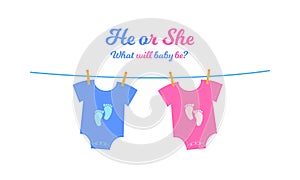 Baby bodysuits with blue and pink footprints hanging on the clothesline. Gender reveal party invitation card or banner