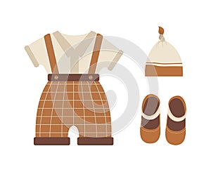 Baby boho clothes. Cute boy wardrobe. Kids scandinavian outfit. Vector illustration in flat cartoon style. Vintage wear