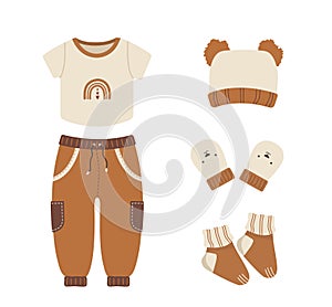 Baby boho clothes. Cute boy wardrobe. Kids scandinavian outfit. Vector illustration in flat cartoon style. Vintage wear