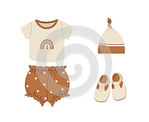 Baby boho clothes. Cute boy wardrobe. Kids scandinavian outfit. Vector illustration in flat cartoon style. Vintage wear