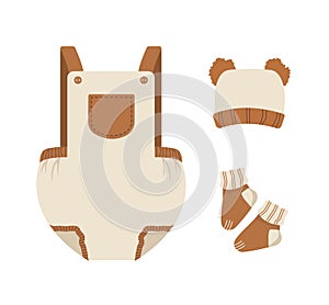 Baby boho clothes. Cute little boy or girl wardrobe. Kids scandinavian outfit. Vector illustration in flat cartoon style