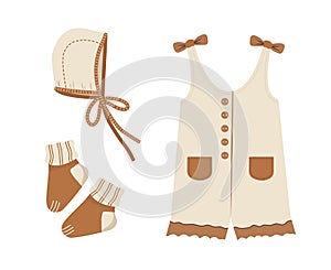 Baby boho clothes. Cute little girl wardrobe. Kids scandinavian outfit. Vector illustration in flat cartoon style