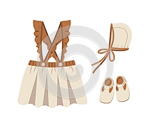 Baby boho clothes. Cute little girl wardrobe. Kids scandinavian outfit. Vector illustration in flat cartoon style