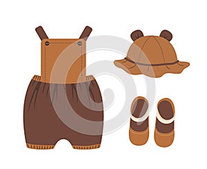 Baby boho clothes. Cute little girl wardrobe. Kids scandinavian outfit. Vector illustration in flat cartoon style