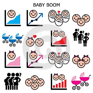 Baby boom, baby boomer generation vector icons set - increase in fertility rates of boys and girls