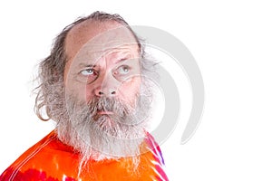 Baby Boomer with his Tie Dye T-Shirt, Thoughtfully Looking up Se