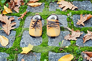 Baby boots in autumn park. Kid shoes with yellow leaves outdoors.