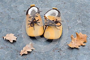 Baby boots in forest. Kid shoes with autumn leaves outdoors.