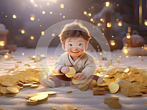 A baby born in the Year of the Golden Dragon is smiling, holding the gold coin in his hand, in the style of cartoon