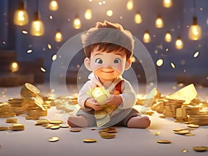 A baby born in the Year of the Golden Dragon is smiling, holding money in his hand, in the style of cartoon