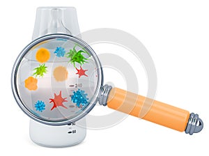 Baby bottle with germs and bacterias under magnifying glass, 3D rendering