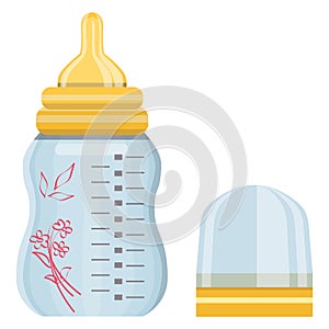 Baby bottle with measurement marks and silicone nipple, floral decoration on the side. Feeding equipment and newborn