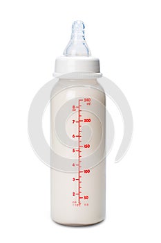 Baby bottle with milk for boy. Isolated on white background