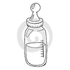 Baby bottle with pacifier. Vector illustration of a children`s dummy. Hand drawn baby bottle with a dummy