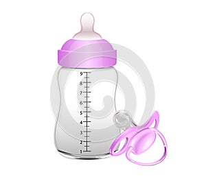 Baby bottle pink pacifier for baby girl. Vector illustration.