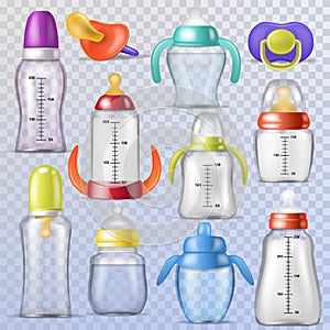 Baby bottle vector kids plastic container with milk or bottled liquid for drinking and child nipple or infant dummy