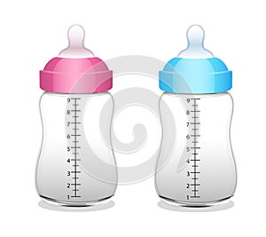 Baby bottles for girl and for boy. Vector illustration.