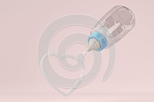 Baby bottles and heart-shaped milk on pink background. 3d illustration