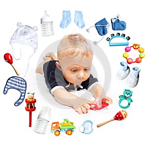 Baby boy and accessories for children in a circle around