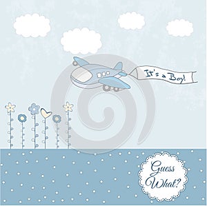 Baby boy announcement card with airplane