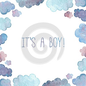 Baby-boy announcement card with watercolor clouds.