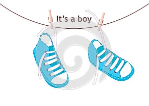 Baby boy arrival greeting card. Blue Baby shoes vector background