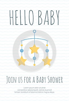 Baby boy arrival and shower invitation template with cot mobile with blue circles and yellow stars.