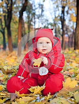 Baby boy in autumn leaves
