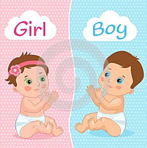 Baby Boy And Baby Girl Vector Illustration. Two Cute Cartoon Babies. Baby Shower Invitation Card.