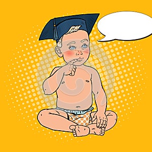 Baby Boy in Bachelor Cap. Early Education Concept. Pop Art illustration