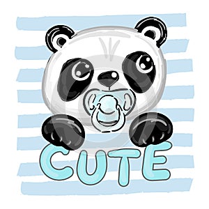 Baby boy bear panda with phrase Cute and pacifier, cartoon character. Child kids print on blue stripes