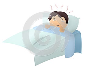Baby boy in bed with fever and thermometer, 2d cartoon illustration isolated. Diseases and pandemics. Boy with virus and flu at