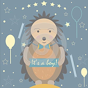 Baby Boy Birth announcement. Baby shower invitation card. Cute Hedgehog announces the arrival of a baby boy. Card Design with