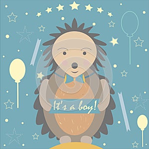 Baby Boy Birth announcement. Baby shower invitation card. Cute Hedgehog announces the arrival of a baby boy. Card Design with