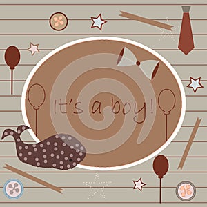 Baby Boy Birth announcement. Baby shower invitation card. Cute whale announces the arrival of a boy