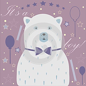 Baby Boy Birth announcement. Baby shower invitation card. Cute White Bear announces the arrival of a baby boy