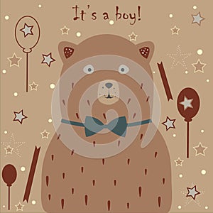 Baby Boy Birth announcement. Baby shower invitation card. Cute White Bear announces the arrival of a baby boy