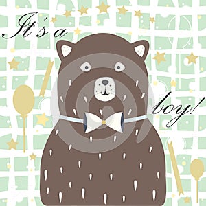 Baby Boy Birth announcement. Baby shower invitation card. Cute White Bear announces the arrival of a baby boy