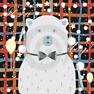 Baby Boy Birth announcement. Baby shower invitation card. Cute White Bear announces the arrival of a baby boy