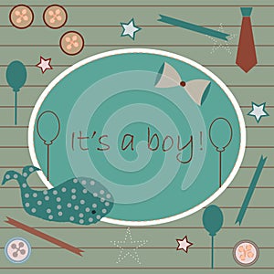 Baby Boy Birth announcement. Baby shower invitation card. Cute whale announces the arrival of a boy