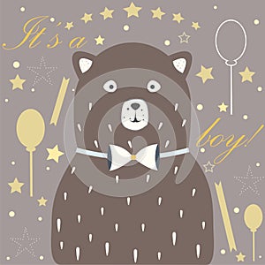 Baby Boy Birth announcement. Baby shower invitation card. Cute White Bear announces the arrival of a baby boy