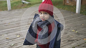 Baby boy in a blue jacket a red knitted hat and a gray scarf