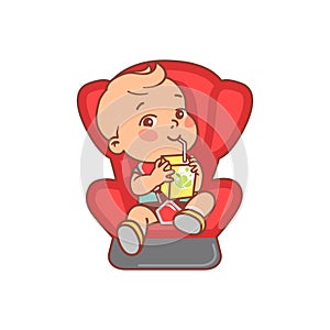 Baby boy in car safety seat drink juice.