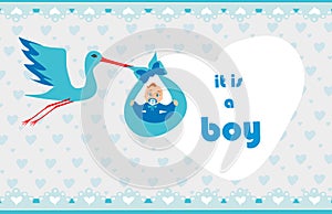 Baby Boy Card - A stork delivering a cute baby boy