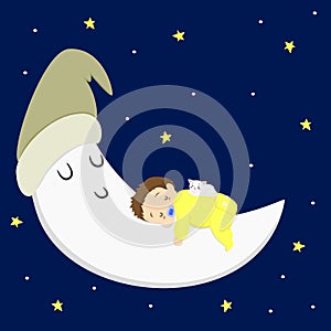 Baby Boy and Cat Sleeping on the Moon