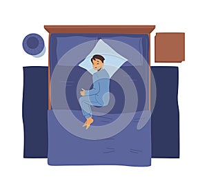 Baby Boy Character Lying on Side, Child Nap in Home Bedroom. Kid at Comfortable Sleeping Place Top View