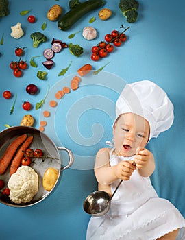 Baby boy in chef hat with cooking pan