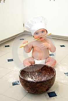 Baby Boy Chef with Wooden Spoon in his Mouth