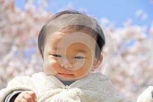 Baby boy and cherry blossoms